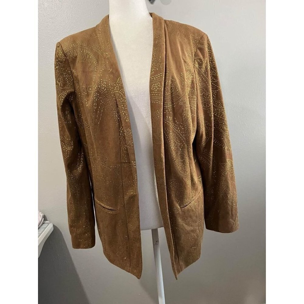 Chicos Faux Suade Gold Metal Stitching Open Jacket Size 2